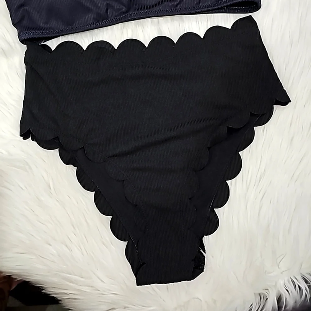 Blue Butterfly ✦ Scalloped Halter Bikini Set ✦ High-Neck Ribbed Cheeky Bottoms S